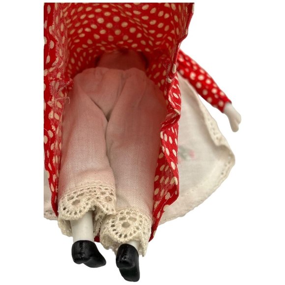 Porcelain Victorian Girl Doll Embroidered Red White Polka Dotted Dress Bonnet - Picture 6 of 15
